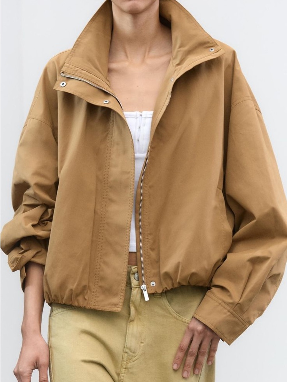Zara Cropped Bomber Jacket - Camel Brown